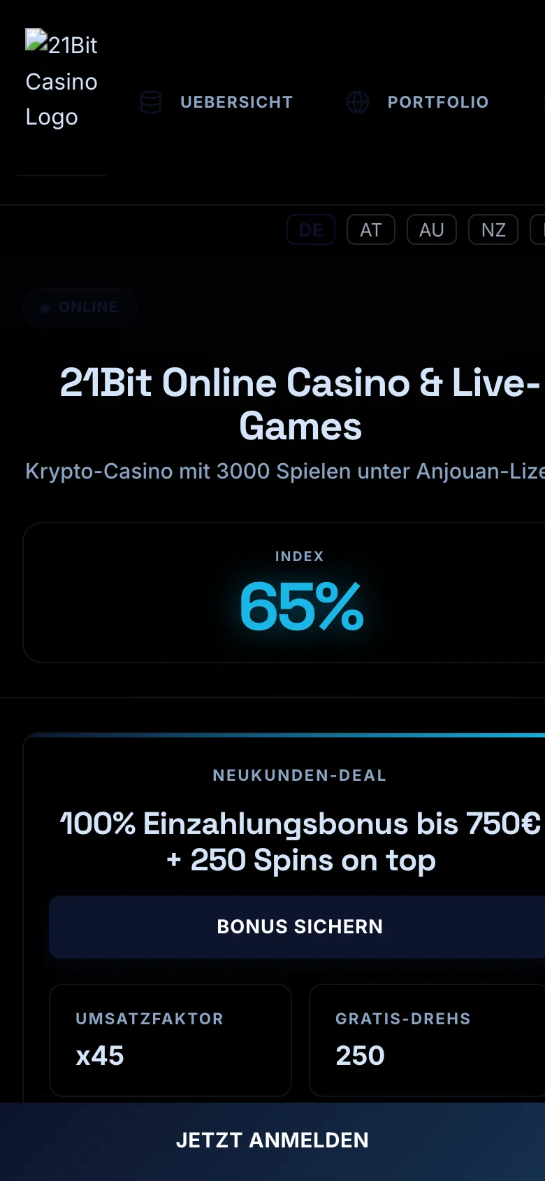 21Bit Casino mobile lobby screenshot