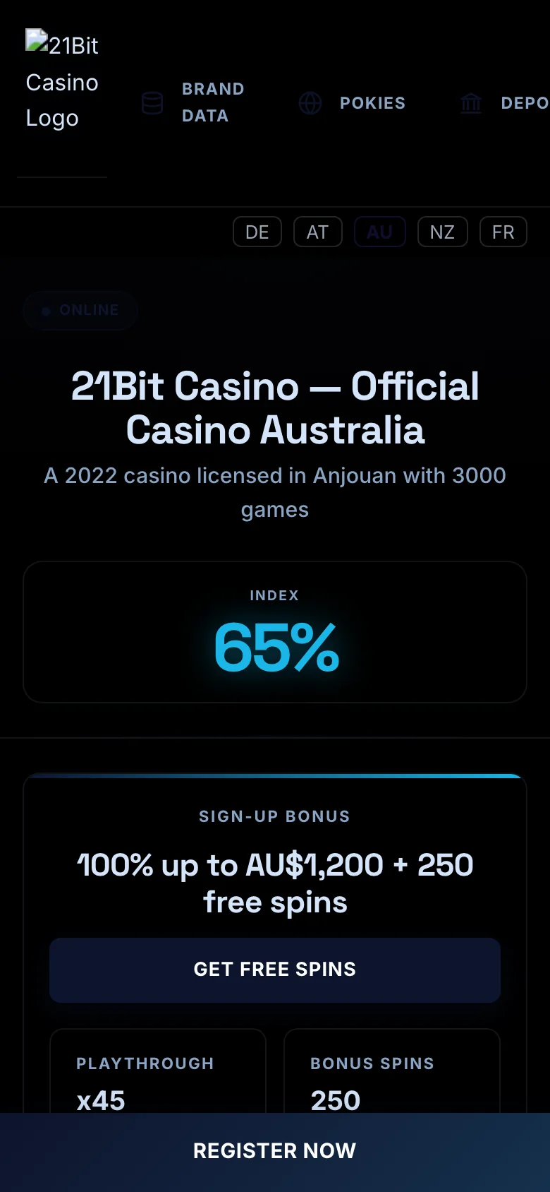 21Bit Casino mobile lobby screenshot