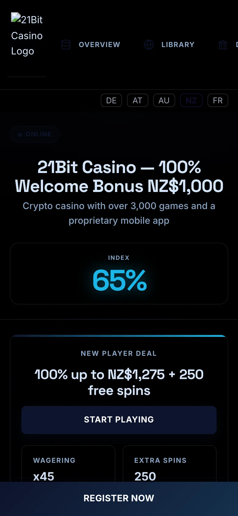 21Bit Casino mobile lobby screenshot