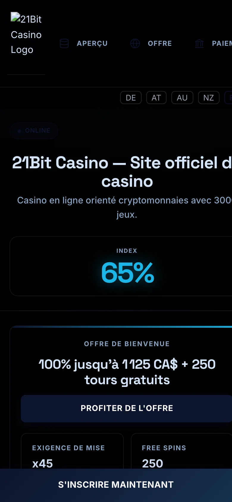 21Bit Casino mobile lobby screenshot
